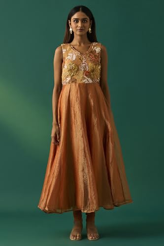 Wishful Women's Orange Embroidered Flared Dress with Churidar and Cape Set - (SP11492-401101-XL)