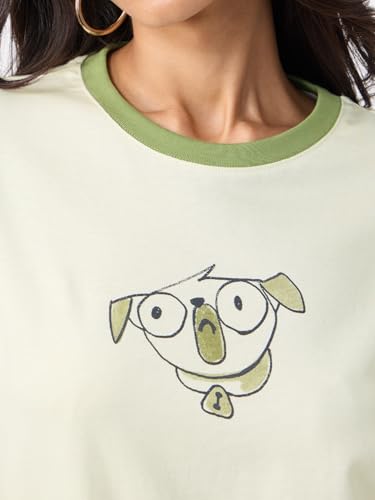 The Souled Store Pets On Prints: Women and Girls Short Sleeves Round Neck Cream Graphic Printed Cotton Lightweight Everyday Streetwear Oversized T-Shirt