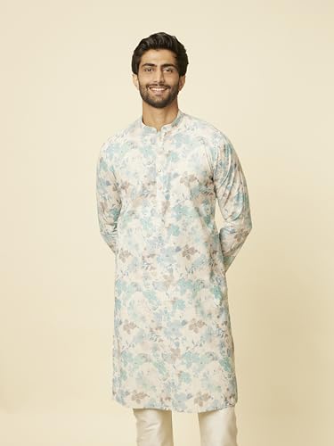 Manyavar Men's Aqua Green Floral Printed Kurta (M)