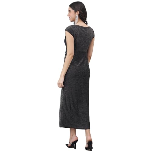 Latin Quarters Women Black Cap Sleeve Round Neck Maxi Dress