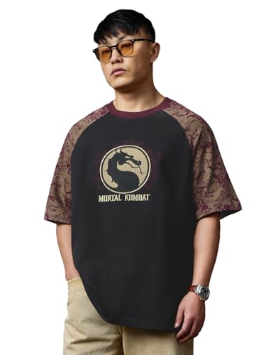 The Souled Store Mortal Kombat: Finish Him Men and Boys Short Sleeves Round Neck Black Embroidered Casual Lightweight Drop Shoulder Streetwear Trendy Cotton Oversized T-Shirt