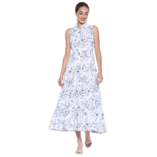 BIBA Women's Cotton Maxi Dress (BLPOT3026SS25OWHTBLU_Off-White-Blue