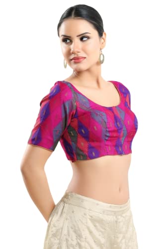 Vamas Women's Brocade & Georgette Padded Self Design Half Sleeve Readymade Saree Blouse (X-817.ELB_Pink-Multi_34)
