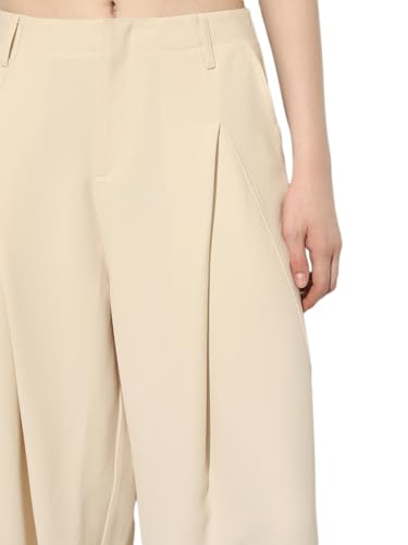 ONLY Women's Solid Regular Fit High-Rise Beige Pants