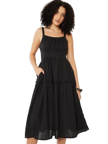 Max Women Seersucker Tiered Dress(Black_XS)