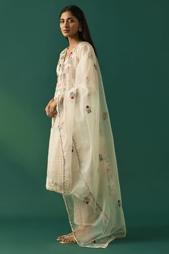 Wishful Women's Off-White Floral Embroidered Nylon Anarkali Kurta with Straight Pant and Dupatta Set - (SP12537-400316-XS)