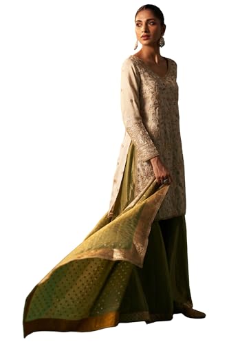 Wishful Women's White Zari Embroidered Tissue Straight Kurta with Sharara and Dupatta Set (SP12834-401055-2XL)