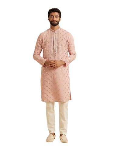 Manyavar Men's Art Silk Mirror Work Embroidered Kurta Pajama Set (Dusty Pink,L)
