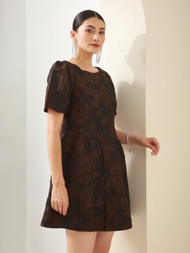 Latin Quarters Women Brown Boat Neck Short Sleeves Fit & Flare Textured Party Dress_S