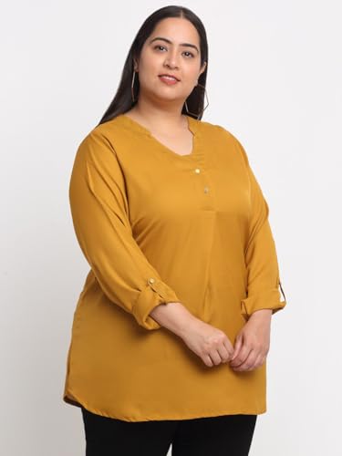 Women Plus Size Mandarin Collar Longline Top (LTP16740-MUSTARD-5XL)