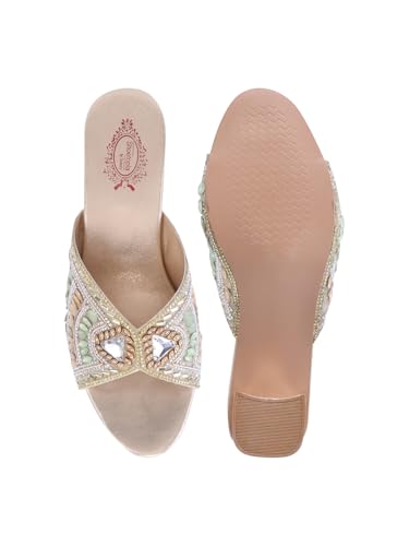 Shoetopia Women’s luxury Embellished Golden Block Heel Sandals |Slip-On Party & Wedding Heels with Beaded Strap footwear EU36