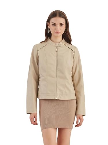 Latin Quarters Women's Beige Solid Full Sleeves Mandarin Neck Casual Biker Jacket_L