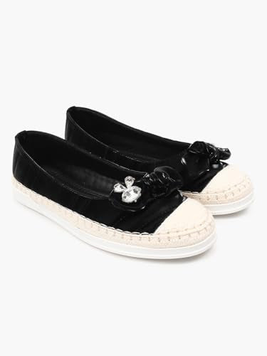 KLAUR MELBOURNE Women’s Quilted Espadrille Slip-Ons – Casual Ballet Flat Sneakers with Crystal Bow Accent and Woven Toe Cap Black