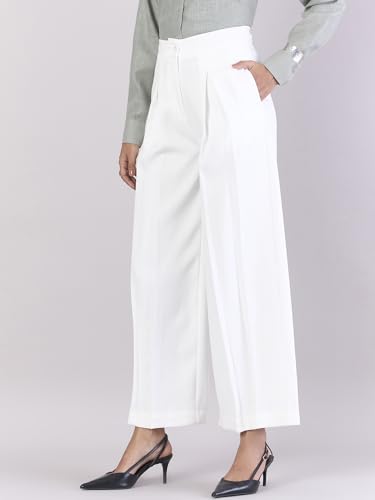 Powersutra Women High Rise White Trouser Pants | Solid | Formal Office Wear | High Waist | Pleated | Straight Fit | Side Pockets, Medium