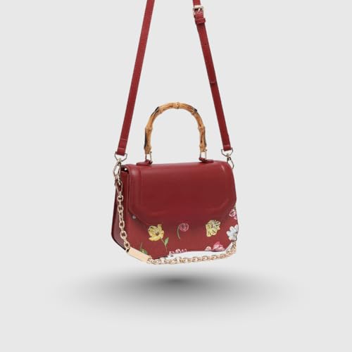 MAROON Women's Floral Satchel Handbag with Bamboo Style Handle & Gold Chain Strap