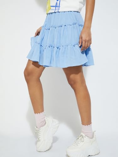 Max Alaya F x URB_N Women Solid Tiered Skirt (Blue_M)