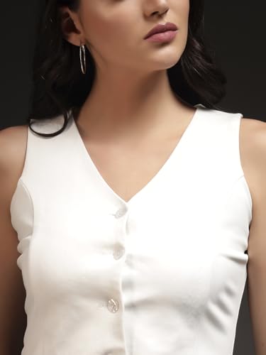 Trend Arrest.ed Women's Button Down Waistcoat Top | V-Neck Tailored Vest | Cropped Modern Blouse (Off-White,S)