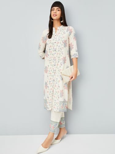 Max Women Floral Print Straight Kurta Set (Off White_M)