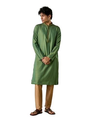 DIWAS BY MANYAVAR Men's Viscose Blend Self Design & Embroidered Kurta Set (Light Mid Green,XL)