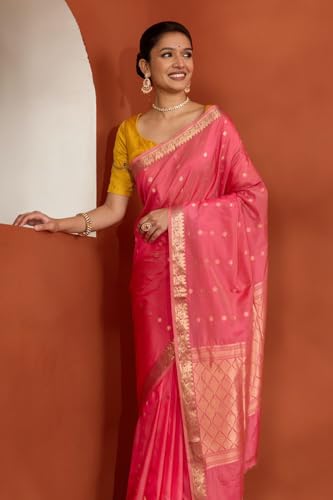 Taneira Women Pink Silk Viscose Cutwork Banaras Inspired Design Saree with Unstitched Blouse Piece (SAPH02AA0402-Pink)
