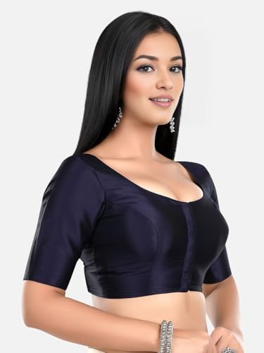 Biyu Women's Silk Solid Plain Half Sleeves Round Neck Readymade Saree Blouse (Navy Blue, 40)
