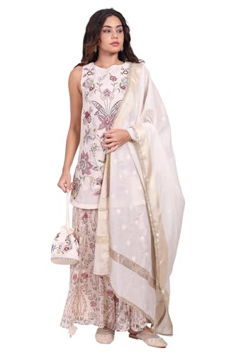W for Woman White Floral Embroidered Cotton Straight Kurta with Flared Pant and Dupatta Set - (WS12938-223833-M)