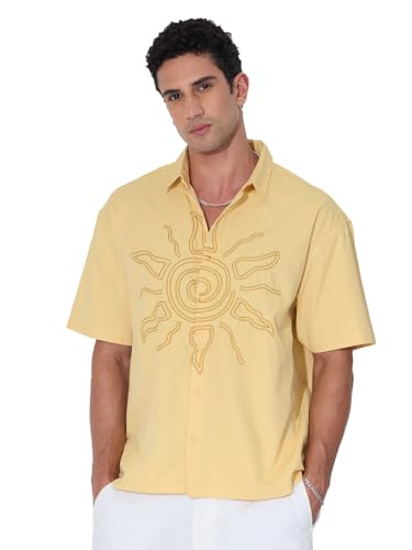 The Souled Store Oversized Shirt: Solar Men and Boys Short Sleeves Collared Neck Button Front Yellow Embroidered Cotton Oversized Holiday Shirts