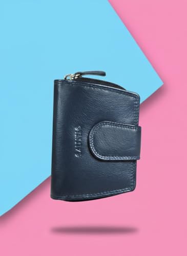 Calfnero Women's Genuine Leather Clutch Wallet-Leather Wallet with Zip Pocket and Note Compartment-Navy Leather Wallet for Women