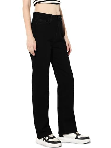 ONLY Women's Solid Straight Fit Mid-Rise Black Jeans