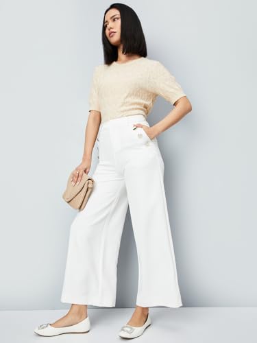 Max Kalki x Women Solid Wide Leg Trousers, White, 32