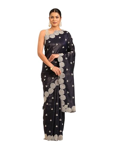 MOHEY Women's Chinon Embroidered|Stone Work Saree (Indigo Blue)