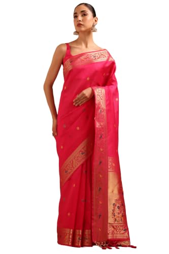 Soch Womens Fuchsia Tussar Zari Woven Bird Motifs Saree