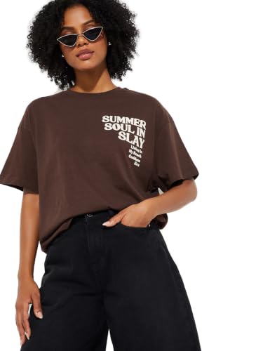 Max URB_N Women Printed Boxy Fit T-Shirt (Brown_L)