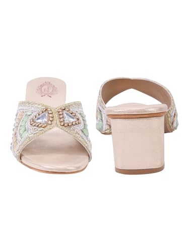 Shoetopia Women’s luxury Embellished Golden Block Heel Sandals |Slip-On Party & Wedding Heels with Beaded Strap footwear EU36