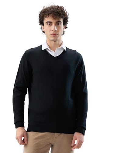 Raymond Men Regular Fit Solid Pattern Merino Wool Acrylic Blend Full Sleeve V Neck Casual Sweater Black