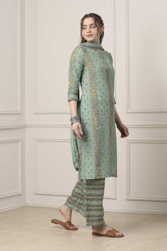 BIBA WOMEN PRINTED NARROW SALWAR KURTA DUPATTA(SKD7519E_SAGE GREEN_32)