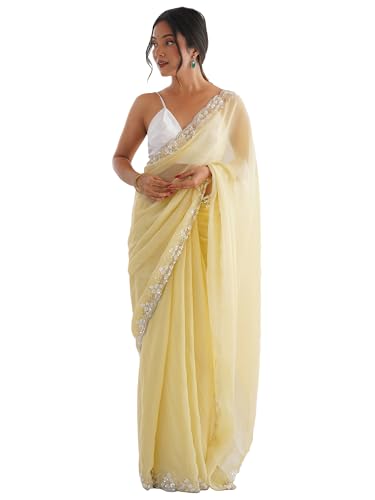 AKHILAM Women's Shimmer Lemon Yellow Chiffon Embellished Saree With Unstitched Blouse Piece (AARYAN21203_KR)