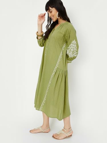 Max Women Embroidered A-line Dress (QRBG34008GREEN)_S