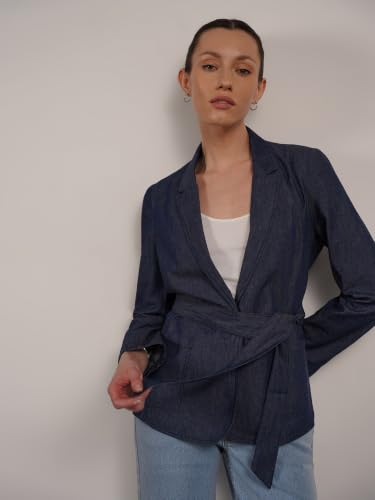 FableStreet Women Jacket | Casual Notch Lapel Button Front Regular Fit | Solid Denim Woven Fabric With Waist Belt For Daily Wear, Office & Evening Outings