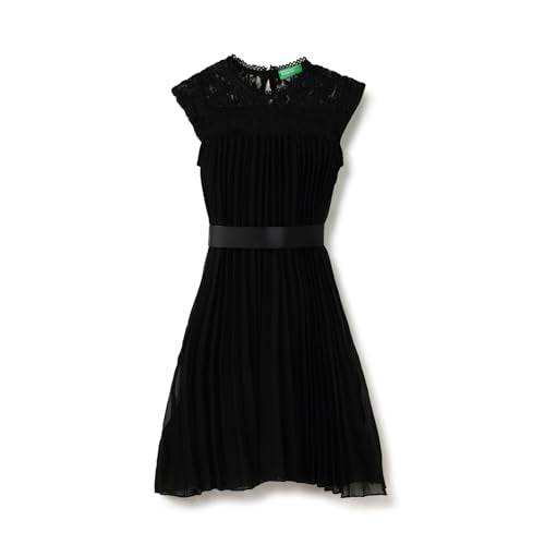 UNITED COLORS OF BENETTON Regular Fit Round Neck Embroidered Lace Insert Perma Pleat Dress (Size: 3-4 Years)-25P4POLDR0RFI100 Black