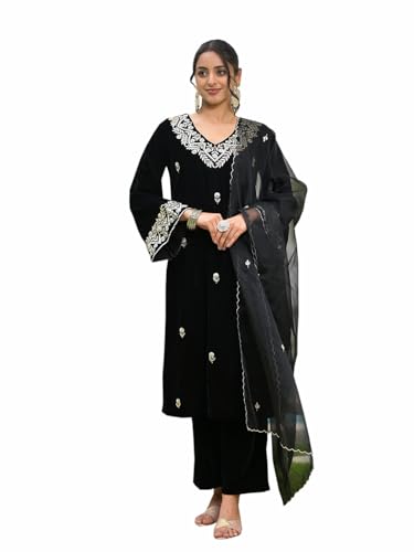 Divena Floral Embroidered Regular Zardozi Velvet Kurta with Trousers & Dupatta