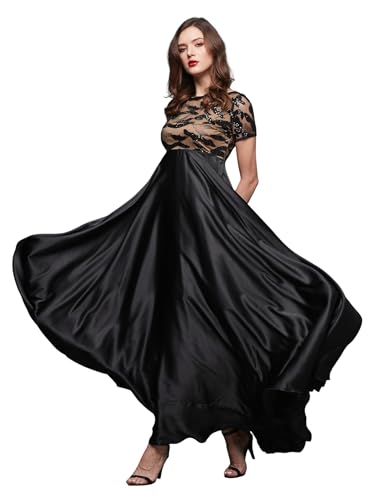 Miss Chase Women's Boat-Neck Short-Sleeve Abstract FitFlare Satin Maxi Dress (MCAW25D88-99-984-04, Elderberry Black, M)