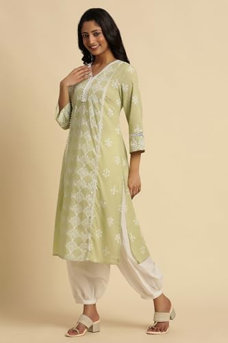 W for Woman Women's Cotton Floral Regular Kurta (24FEW10491-123114_Light Green