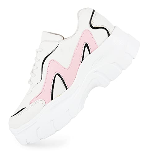 LENSBURY Women's Shoes for Walking Gym Training, Casual, Sports, Slip-On, Lightweight Lace up Athletics Slipon Running Sneaker for Ladies and Girls LBCNV-THAR-6056BL-37 White