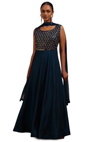 Soch Womens Teal Blue Silk Embroidered Gown with Mirror and Stone