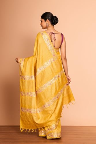 Taneira Women Yellow Embroidered Pure Tussar Silk Saree with Unstitched Blouse Piece (SAPP13AC2532-Yellow)