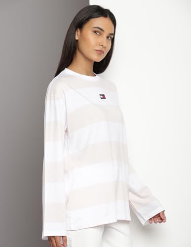 Tommy Hilfiger White-Pink Cotton Solid Round Neck Full Sleeves Relaxed Fit Women T-Shirt (F23JWKT106) Size-L