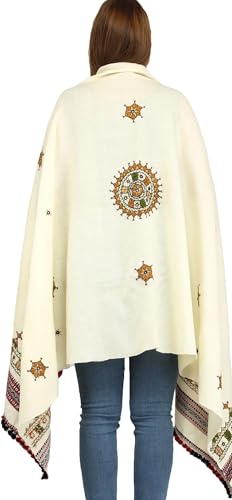 Exotic India Women's Shawl from Kutch with Central Embroidered Chakra and Mirrors Pure Wool Shawl (SWD54--frozen-dew)