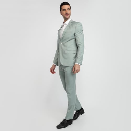 Park Avenue Men Slim Fit Structure Pattern Terry Rayon Blend Notch Lapel Full Sleeve Ceremonial Suit Green