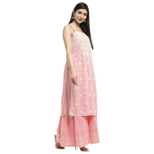 BIBA Women Pink Cotton Floral Strappy Straight Suit Set_44